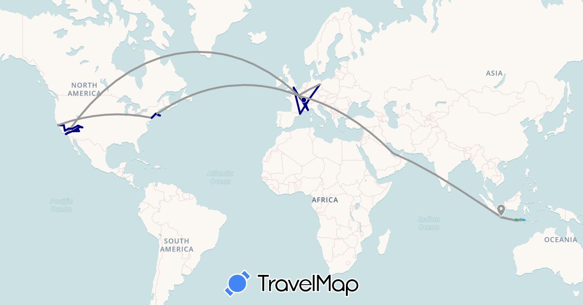 TravelMap itinerary: driving, bus, plane, hiking, boat in Germany, Spain, France, United Kingdom, Indonesia, Qatar, United States (Asia, Europe, North America)
